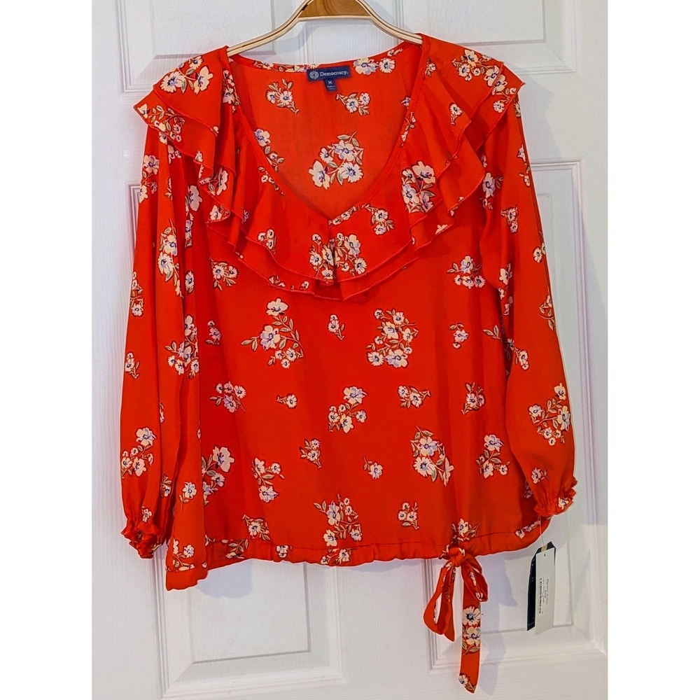 Democracy Womens Red Floral Ruffle V-Neck Blouse‎ Top Size M NWT $68